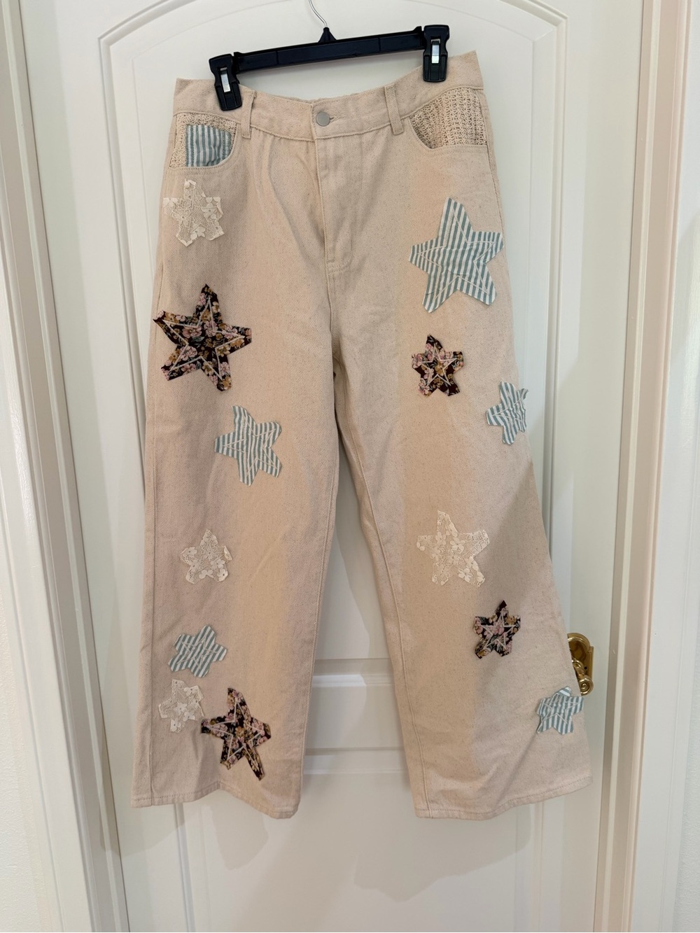 POL Beige Wide-Leg Jeans with Star Patch Details